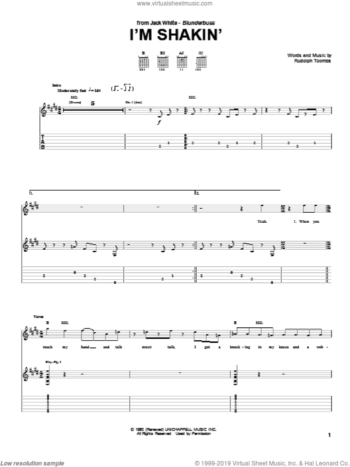 I'm Shakin' sheet music for guitar (tablature) by Jack White and Rudolph Toombs, intermediate skill level