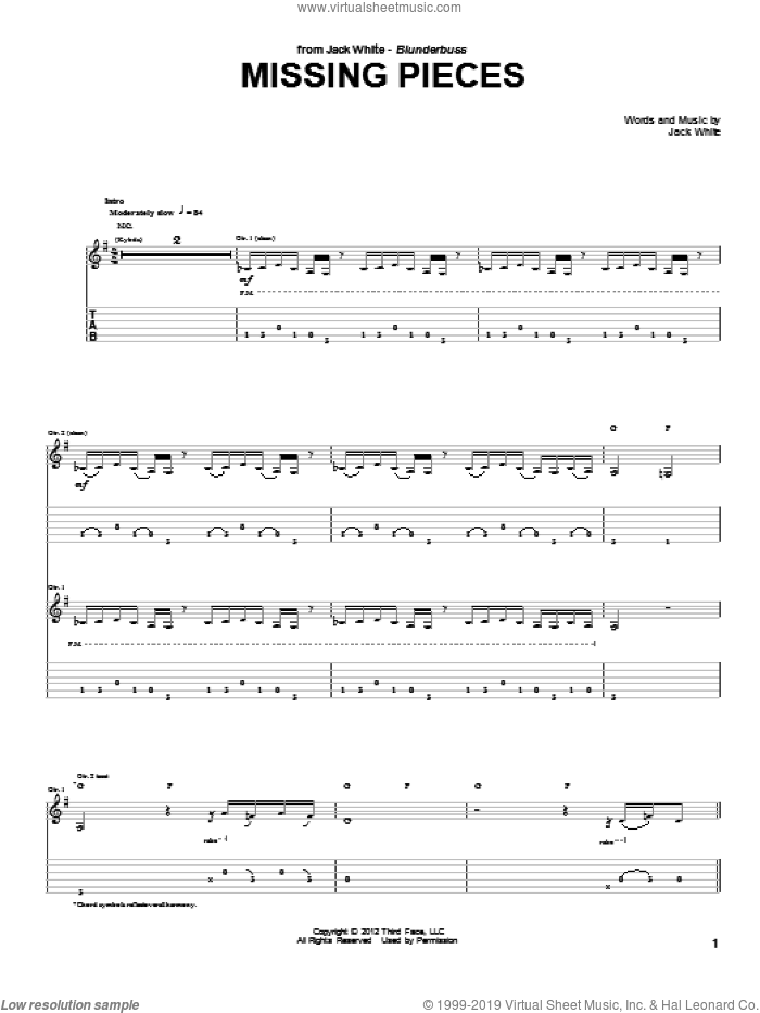 Missing Pieces sheet music for guitar (tablature) by Jack White, intermediate skill level