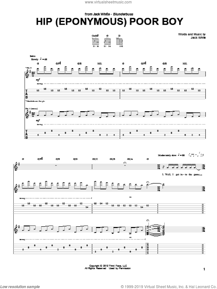 Hip (Eponymous) Poor Boy sheet music for guitar (tablature) by Jack White, intermediate skill level
