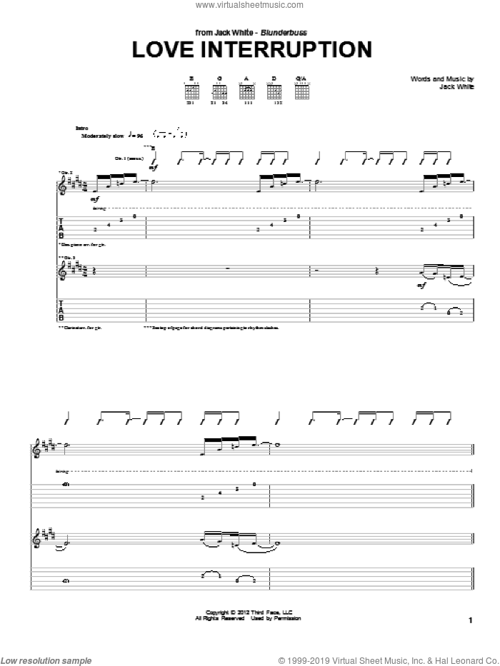 Love Interruption sheet music for guitar (tablature) by Jack White, intermediate skill level