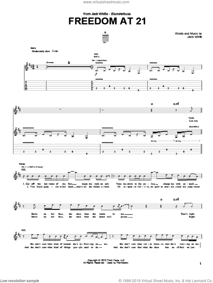 Freedom At 21 sheet music for guitar (tablature) by Jack White, intermediate skill level