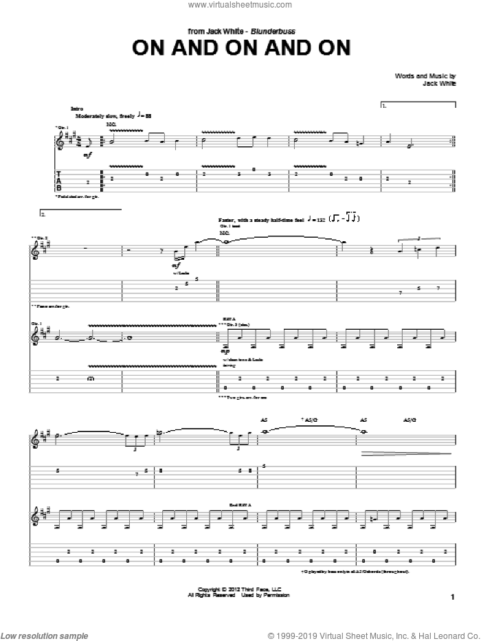 On And On And On sheet music for guitar (tablature) by Jack White, intermediate skill level