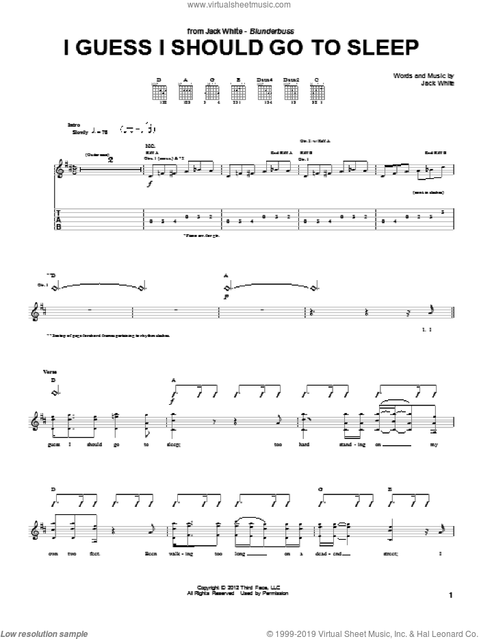 I Guess I Should Go To Sleep sheet music for guitar (tablature) by Jack White, intermediate skill level