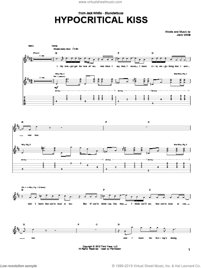Hypocritical Kiss sheet music for guitar (tablature) by Jack White, intermediate skill level