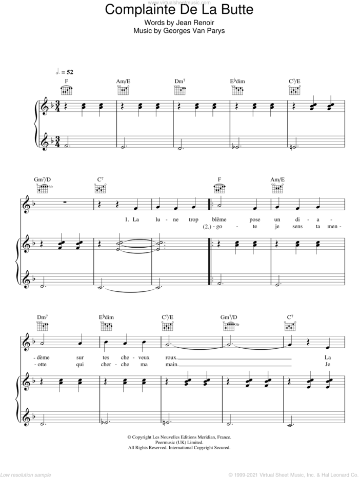 Complainte De La Butte (from Moulin Rouge) sheet music for voice, piano or guitar by Rufus Wainwright, Georges Van Parys and Jean Renoir, intermediate skill level