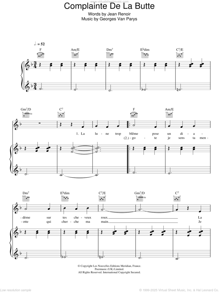 Complainte De La Butte (from Moulin Rouge) sheet music for voice, piano or guitar by Rufus Wainwright, Georges Van Parys and Jean Renoir, intermediate skill level