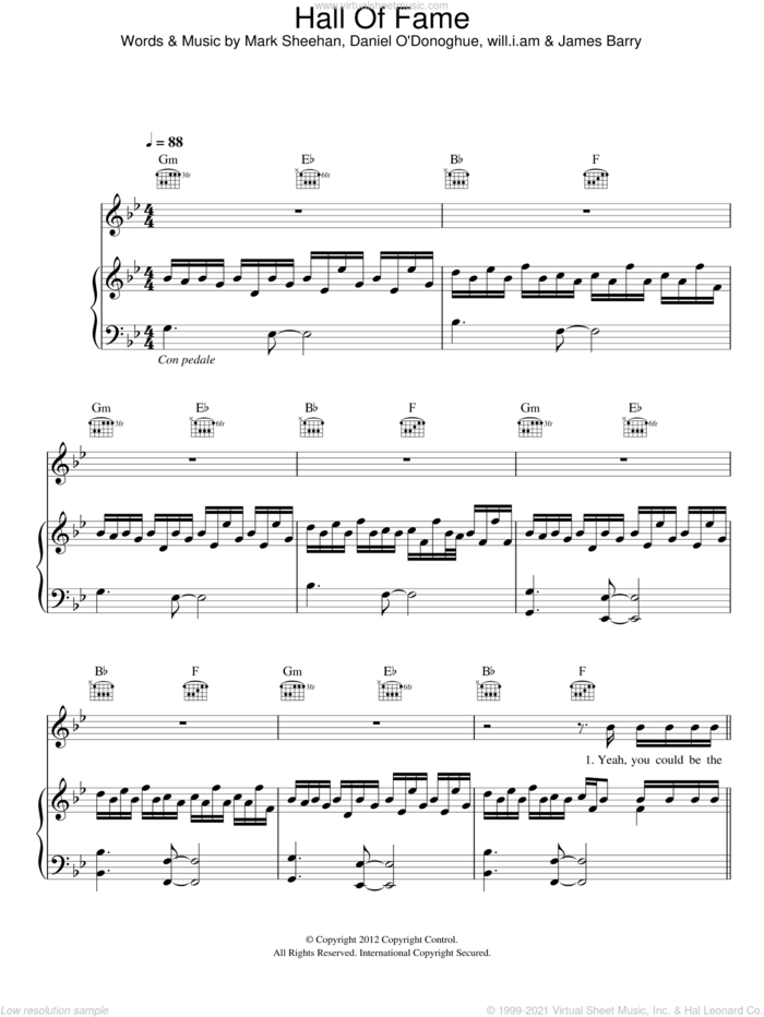 Hall Of Fame sheet music for voice, piano or guitar by The Script, James Barry, Mark Sheehan and Will.i.am, intermediate skill level