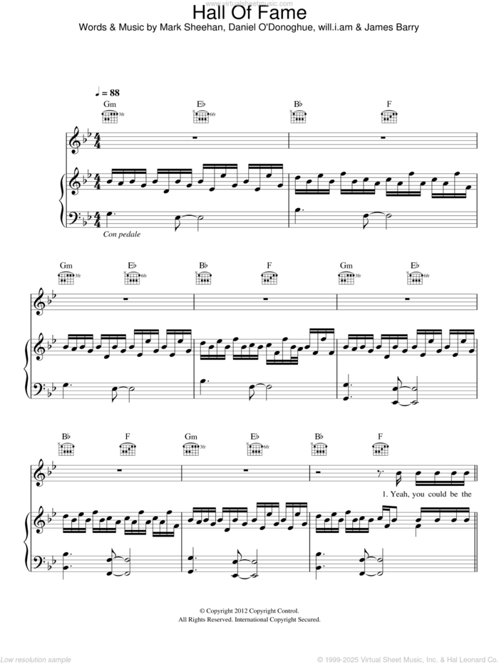 Hall Of Fame sheet music for voice, piano or guitar by The Script, James Barry, Mark Sheehan and Will.i.am, intermediate skill level