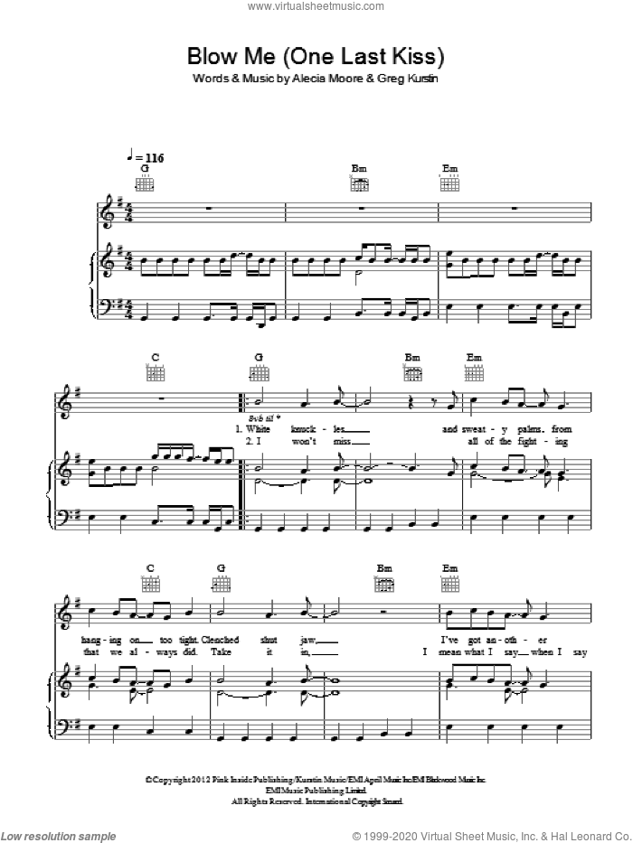Blow Me (One Last Kiss) sheet music for voice, piano or guitar by Greg Kurstin, Miscellaneous and Alecia Moore, intermediate skill level
