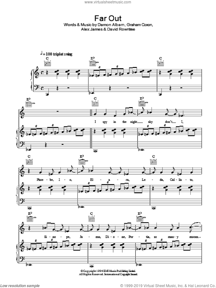 Far Out sheet music for voice, piano or guitar by Blur, Alex James, Damon Albarn, David Rowntree and Graham Coxon, intermediate skill level