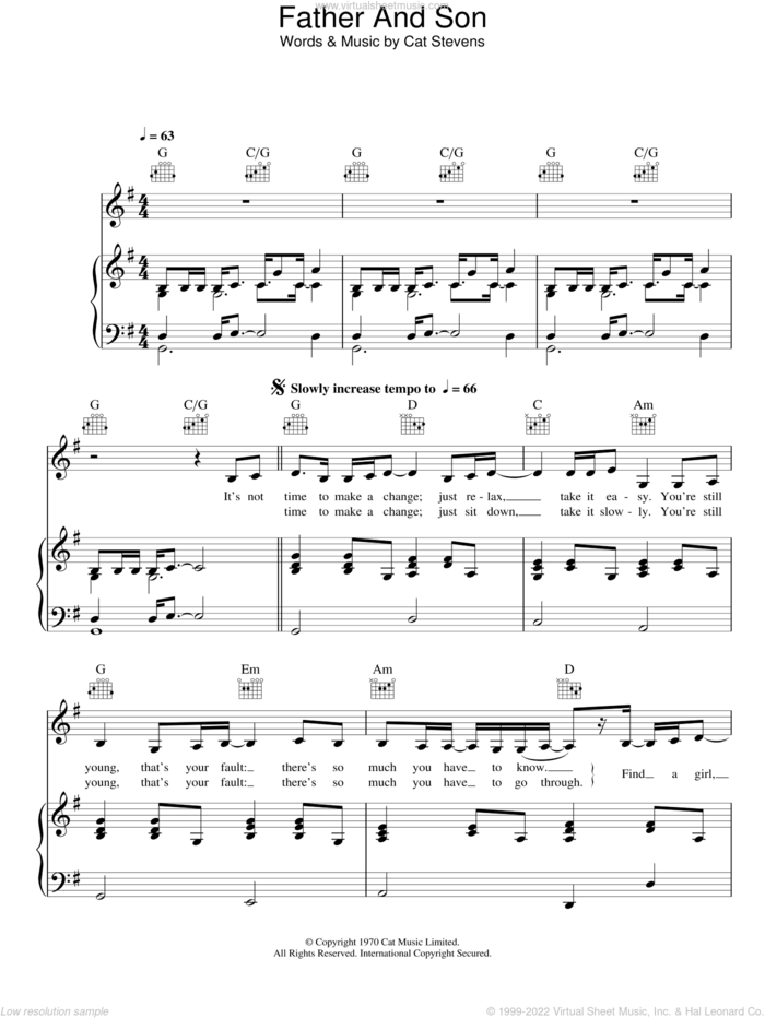 Father And Son sheet music for voice, piano or guitar by Cat Stevens, Boyzone and Rod Stewart, intermediate skill level