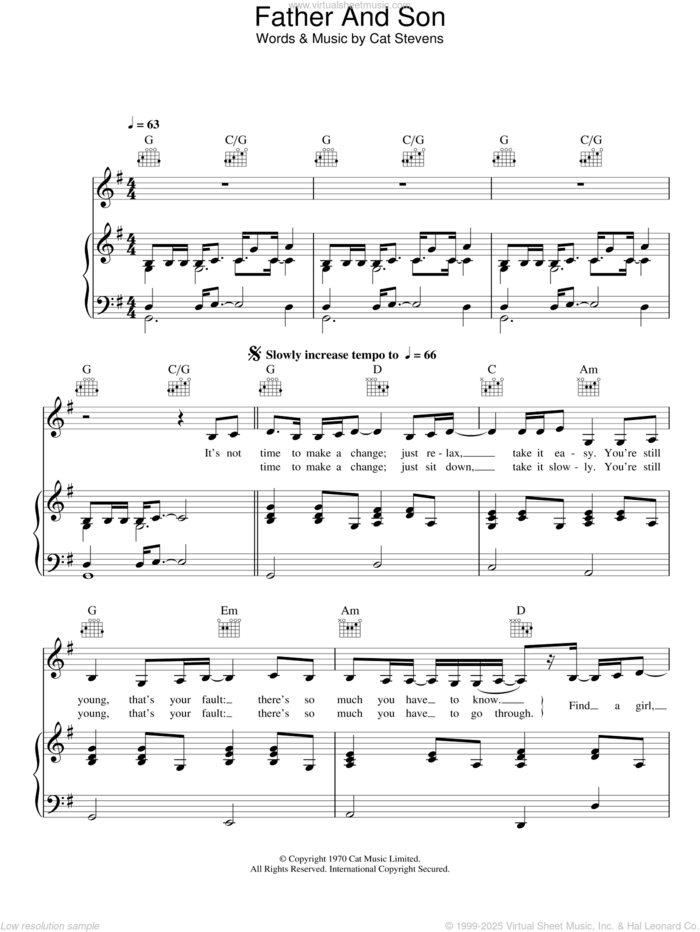 Father And Son sheet music for voice, piano or guitar by Cat Stevens, Boyzone and Rod Stewart, intermediate skill level