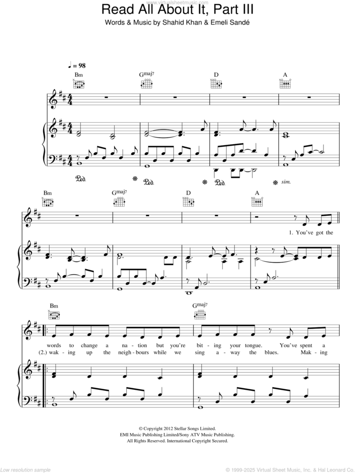 Read All About It, Part III sheet music for voice, piano or guitar by Emeli Sande and Shahid Khan, intermediate skill level