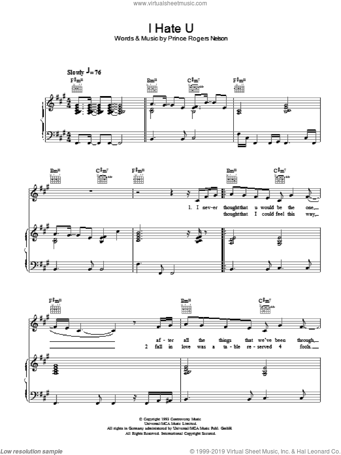 I Hate U sheet music for voice, piano or guitar by Prince and Prince Rogers Nelson, intermediate skill level