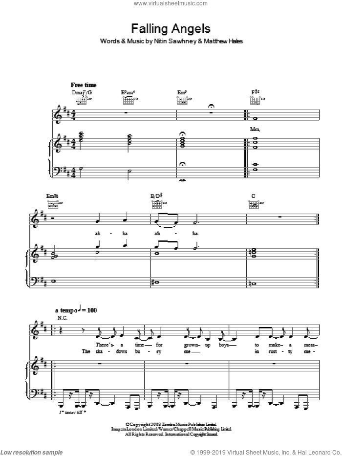 Falling Angels sheet music for voice, piano or guitar by Nitin Sawhney and Matthew Hales, intermediate skill level