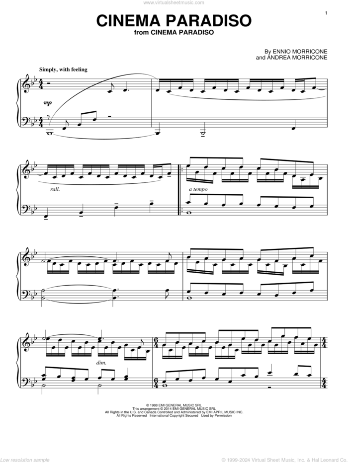 Cinema Paradiso sheet music for piano solo by Ennio Morricone and Andrea Morricone, intermediate skill level