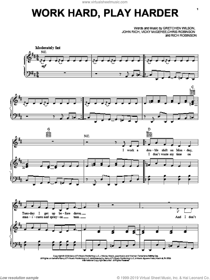 Work Hard, Play Harder sheet music for voice, piano or guitar by Gretchen Wilson, Chris Robinson, John Rich, Rich Robinson and Vicky McGehee, intermediate skill level