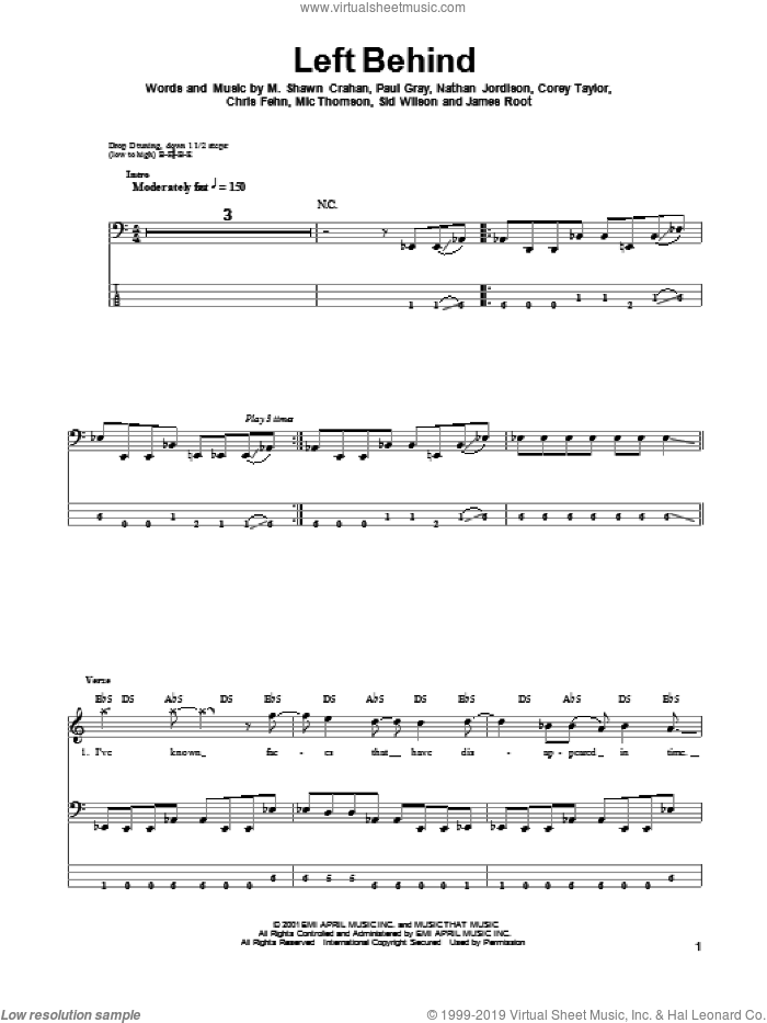 Left Behind sheet music for bass (tablature) (bass guitar) by Slipknot, intermediate skill level
