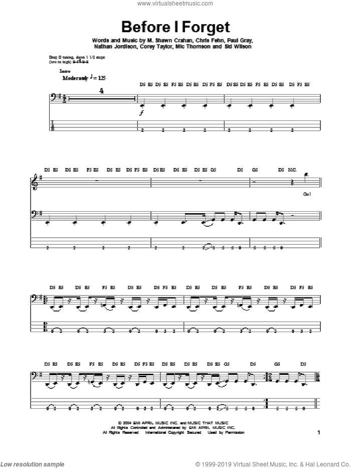 Before I Forget sheet music for bass (tablature) (bass guitar) by Slipknot, intermediate skill level