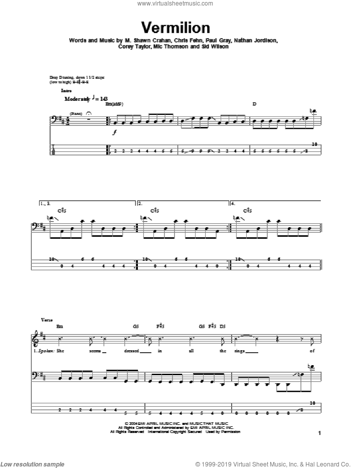 Vermilion sheet music for bass (tablature) (bass guitar) by Slipknot, intermediate skill level