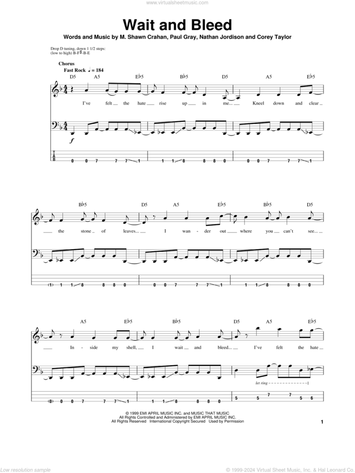 Wait And Bleed sheet music for bass (tablature) (bass guitar) by Slipknot, intermediate skill level