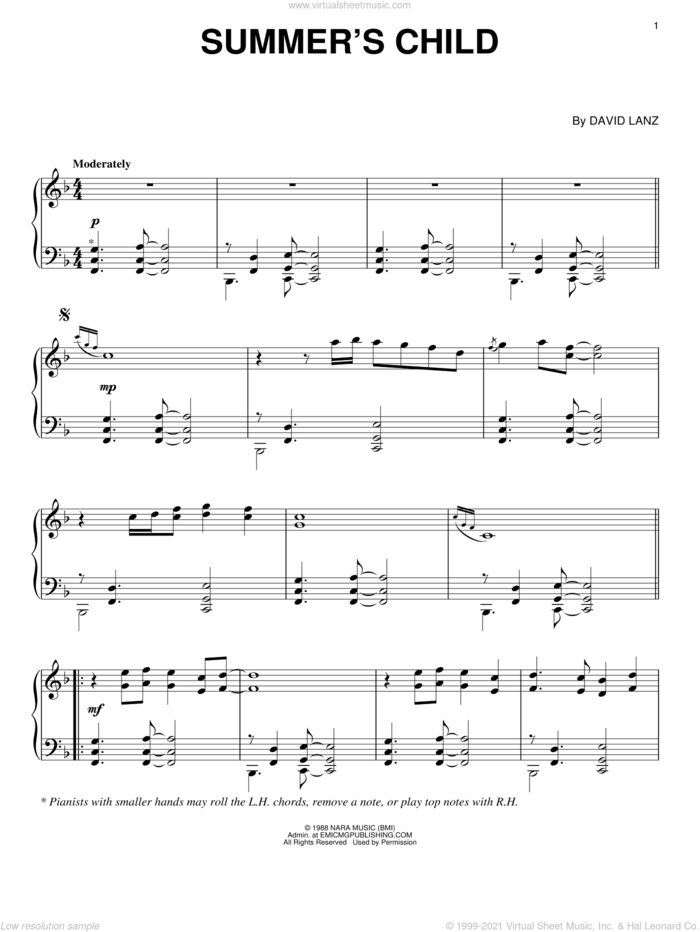 Summer's Child sheet music for piano solo by David Lanz, intermediate skill level
