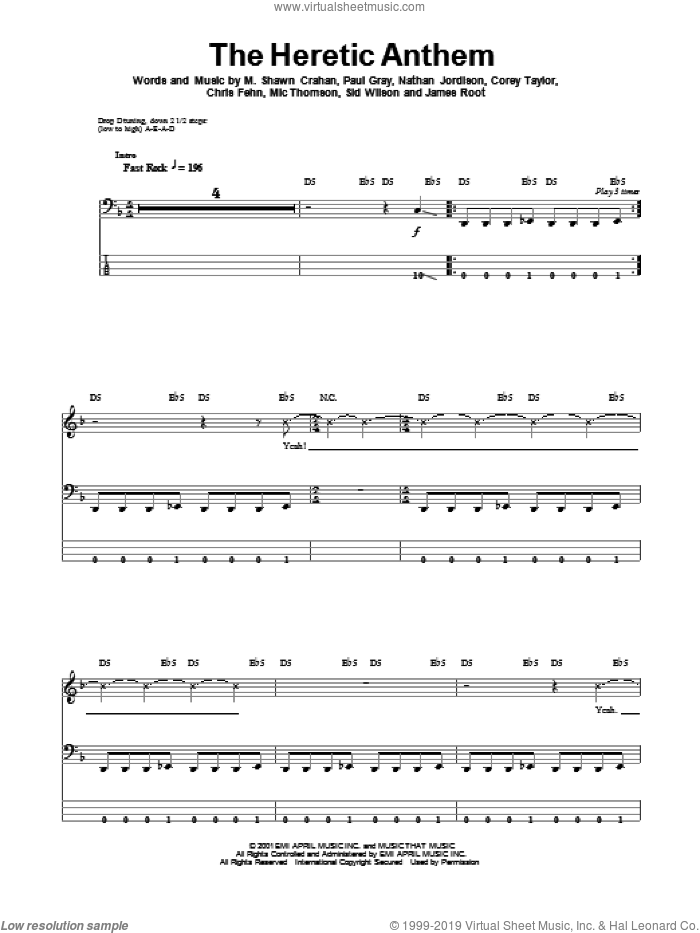 The Heretic Anthem sheet music for bass (tablature) (bass guitar) by Slipknot, intermediate skill level