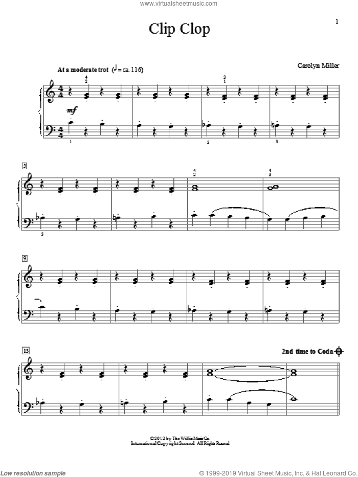 Clip Clop sheet music for piano solo (elementary) by Carolyn Miller, beginner piano (elementary)