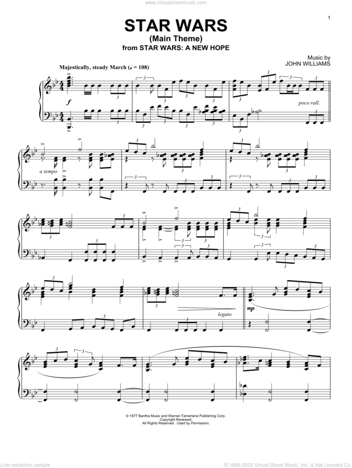 Star Wars (Main Theme), (intermediate) sheet music for piano solo by John Williams, intermediate skill level