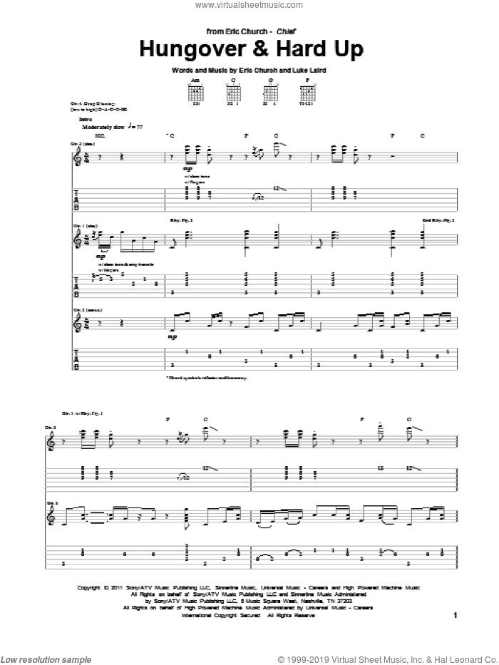 Hungover and Hard Up sheet music for guitar (tablature) by Eric Church and Luke Laird, intermediate skill level