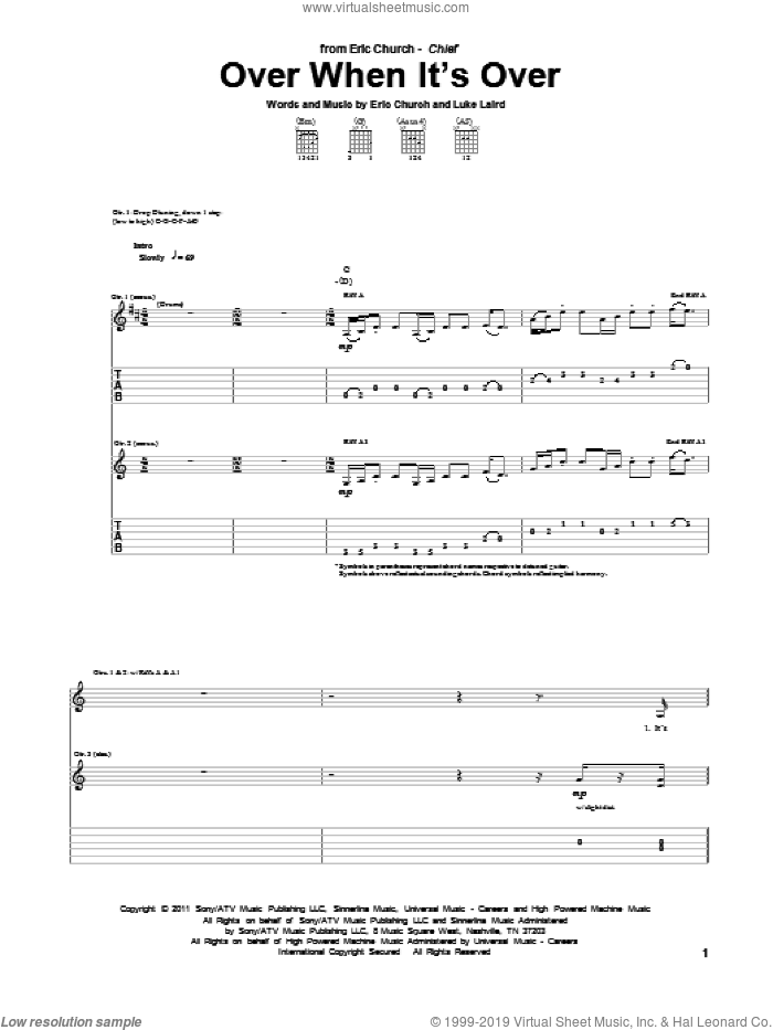 Over When It's Over sheet music for guitar (tablature) by Eric Church and Luke Laird, intermediate skill level