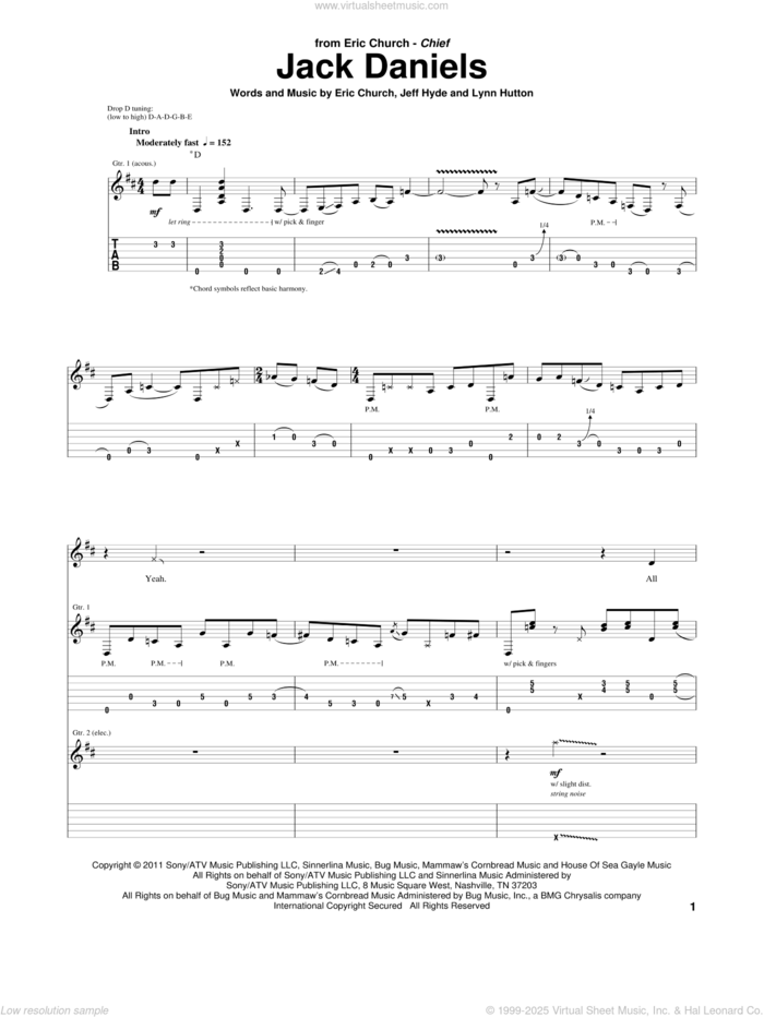 Jack Daniels sheet music for guitar (tablature) by Eric Church, Jeff Hyde and Lynn Hutton, intermediate skill level