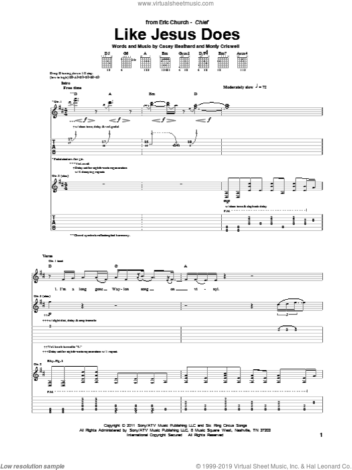 Like Jesus Does sheet music for guitar (tablature) by Eric Church, Casey Beathard and Monty Criswell, intermediate skill level