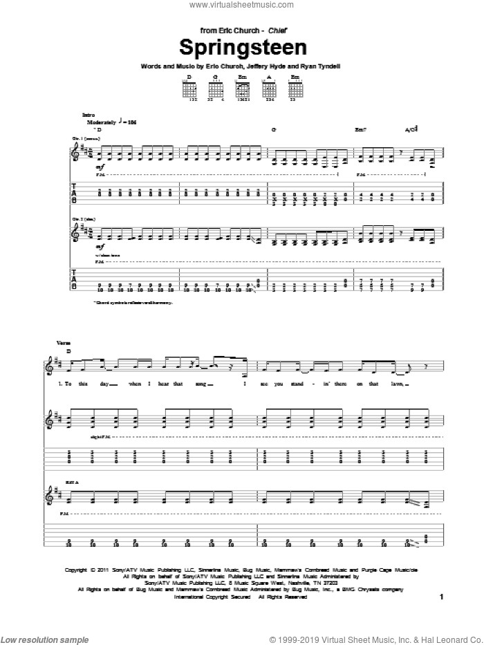 Springsteen sheet music for guitar (tablature) by Eric Church, Jeffery Hyde and Ryan Tyndell, intermediate skill level