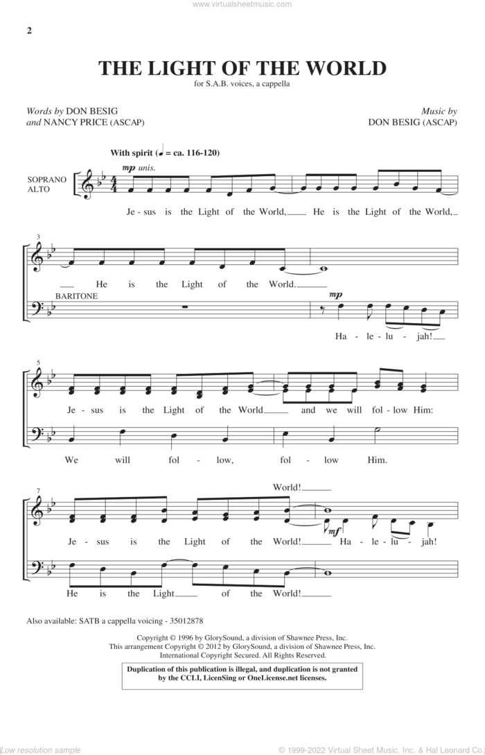 The Light Of The World sheet music for choir (SAB: soprano, alto, bass) by Don Besig and Nancy Price, intermediate skill level