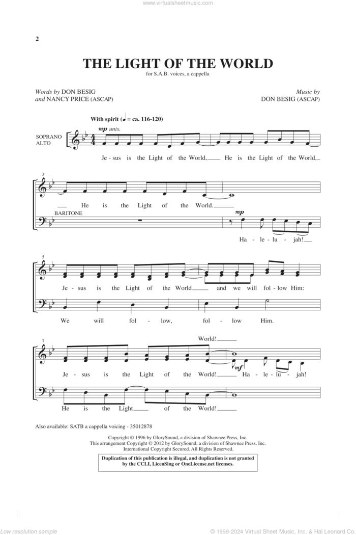 The Light Of The World sheet music for choir (SAB: soprano, alto, bass) by Don Besig and Nancy Price, intermediate skill level