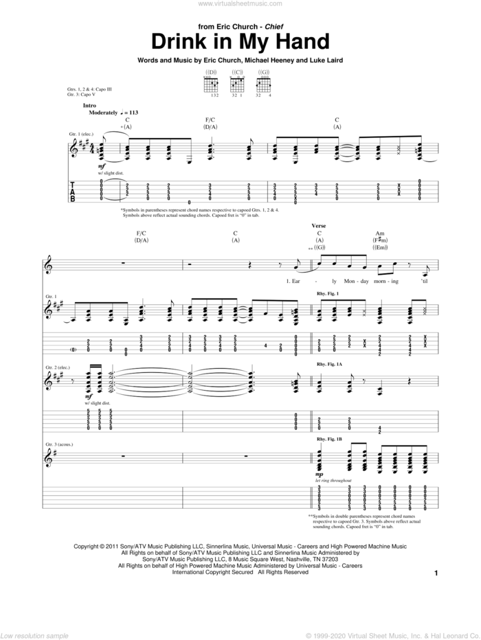 Drink In My Hand sheet music for guitar (tablature) by Eric Church, Luke Laird and Michael Heeney, intermediate skill level