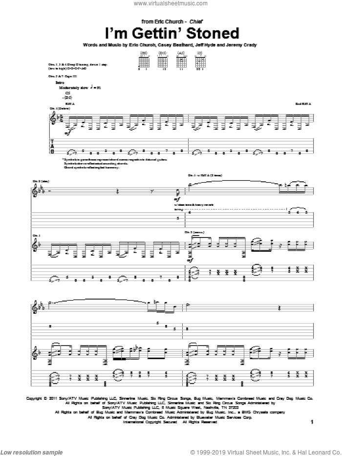 I'm Gettin' Stoned sheet music for guitar (tablature) by Eric Church, Casey Beathard, Jeff Hyde and Jeremy Crady, intermediate skill level