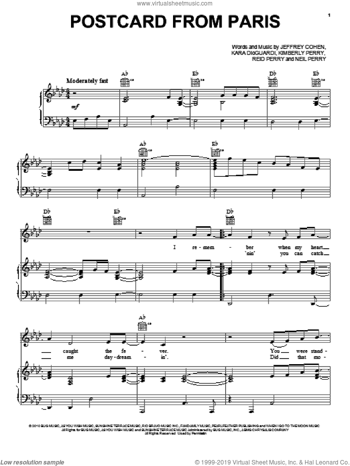Postcard From Paris sheet music for voice, piano or guitar by The Band Perry, Jeffrey Cohen, Kara DioGuardi, Kimberly Perry, Neil Perry and Reid Perry, intermediate skill level