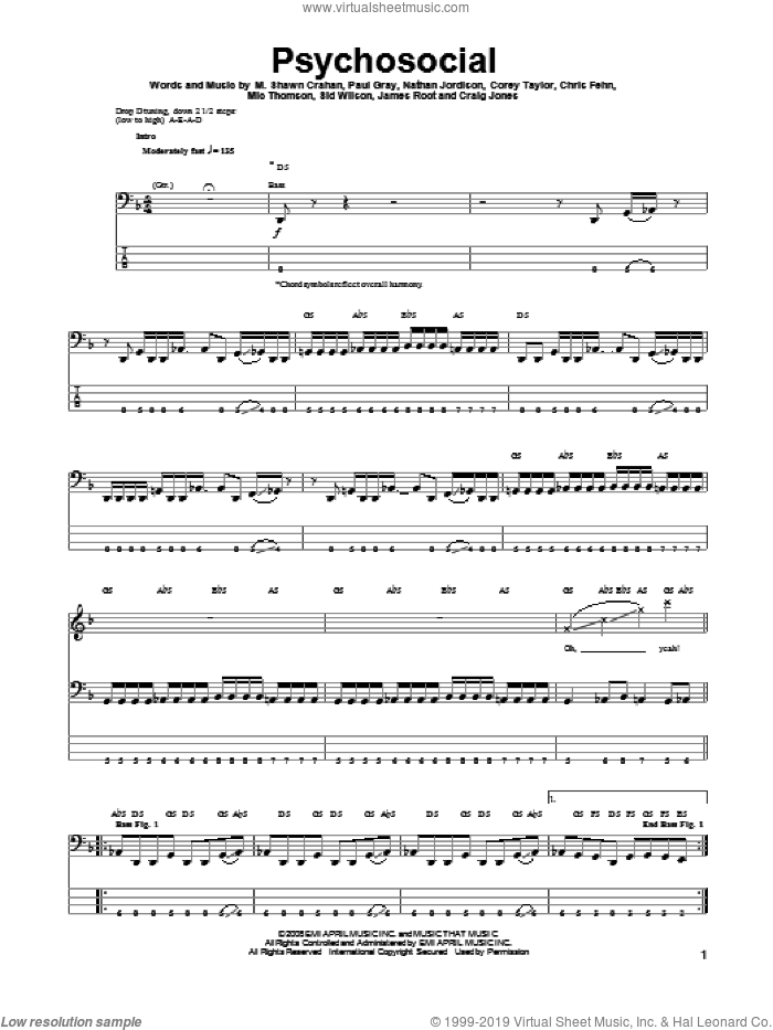 Psychosocial sheet music for bass (tablature) (bass guitar) by Slipknot, intermediate skill level