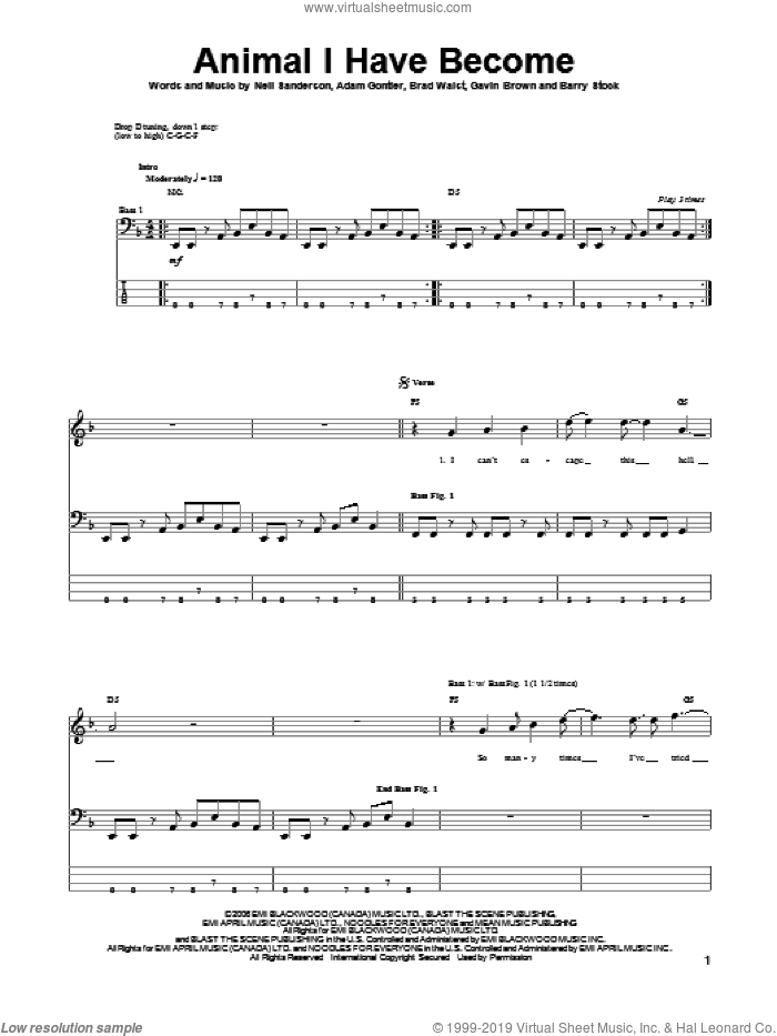 Animal I Have Become sheet music for bass (tablature) (bass guitar) by Three Days Grace, Adam Gontier, Barry Stock, Brad Walst, Gavin Brown and Neil Sanderson, intermediate skill level