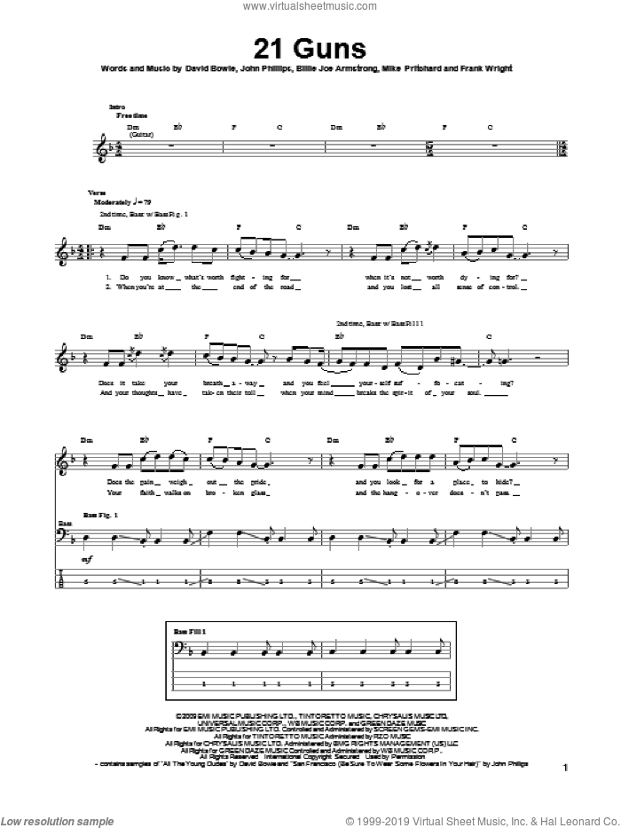 21 Guns sheet music for bass (tablature) (bass guitar) by Green Day, Billie Joe, David Bowie and John Phillips, intermediate skill level