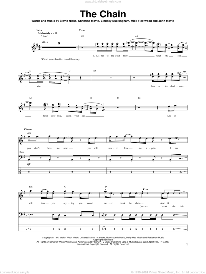 The Chain sheet music for bass (tablature) (bass guitar) by Fleetwood Mac, Mick Fleetwood and Stevie Nicks, intermediate skill level