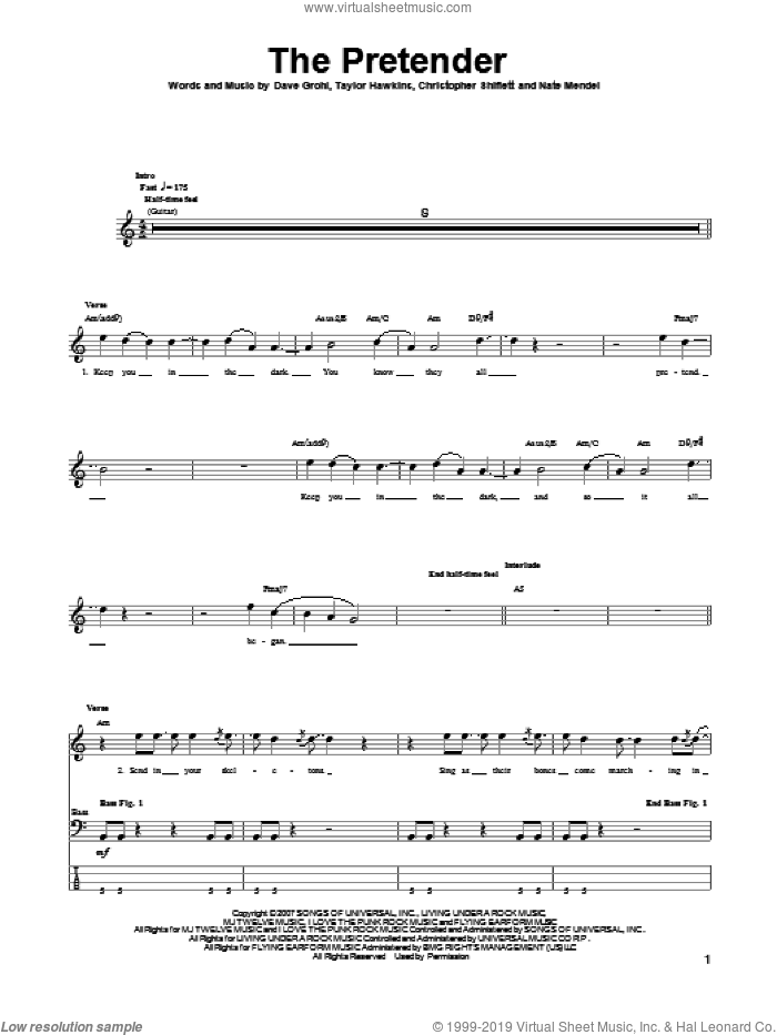 The Pretender sheet music for bass (tablature) (bass guitar) by Foo Fighters, intermediate skill level