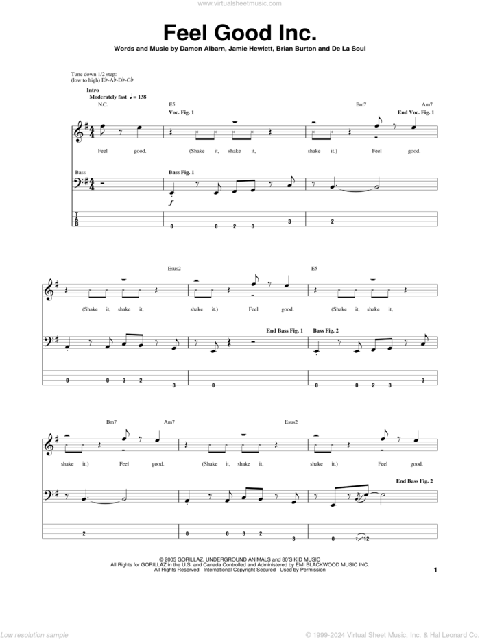 Feel Good Inc sheet music for bass (tablature) (bass guitar) by Gorillaz, Brian Burton, Damon Albarn, De La Soul and Jamie Hewlett, intermediate skill level