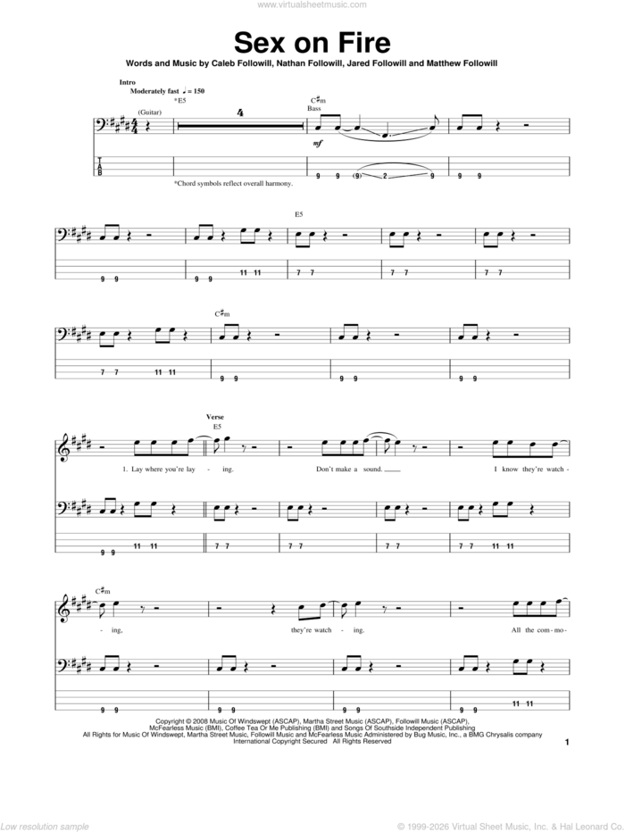 Sex On Fire sheet music for bass (tablature) (bass guitar) by Kings Of Leon, intermediate skill level