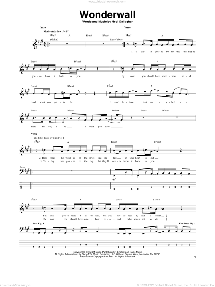 Wonderwall sheet music for bass (tablature) (bass guitar) by Oasis and Noel Gallagher, intermediate skill level