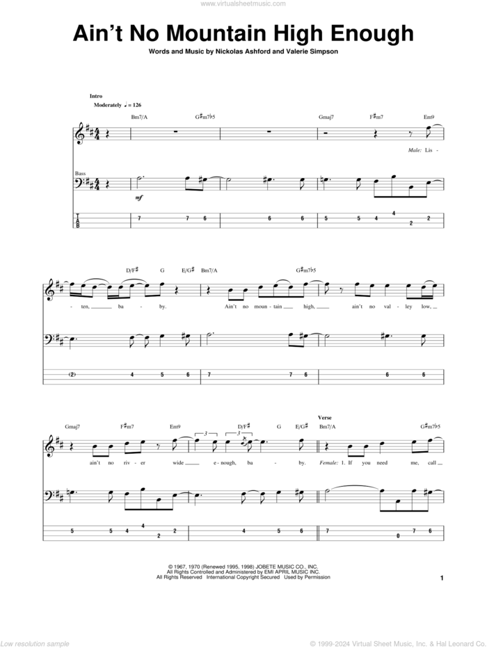 Ain't No Mountain High Enough sheet music for bass (tablature) (bass guitar) by Marvin Gaye & Tammi Terrell, Diana Ross, Michael McDonald, Nickolas Ashford and Valerie Simpson, intermediate skill level