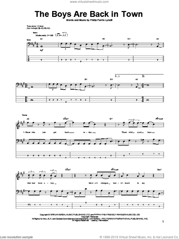 The Boys Are Back In Town sheet music for bass (tablature) (bass guitar) by Thin Lizzy and Phil Lynott, intermediate skill level