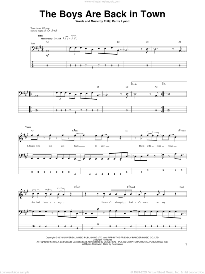 The Boys Are Back In Town sheet music for bass (tablature) (bass guitar) by Thin Lizzy and Phil Lynott, intermediate skill level